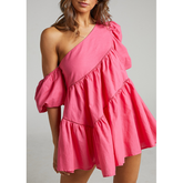 Asymmetrical Trim Puff Sleeve Mini Dress