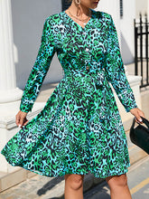 Buttoned Leopard Printed Tied Waist A-Line Long Sleeves V-Neck Mini Dresses