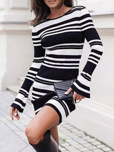 Contrast Color Split-Joint Striped Patterns Flared Sleeves Loose Round-Neck Sweater Dresses Mini Dresses