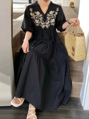 Embroidered Pleated Bishop Sleeve Loose V-neck Midi Dresses