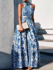 Flower Print Split-Joint A-line Loose Lapel Maxi Dresses