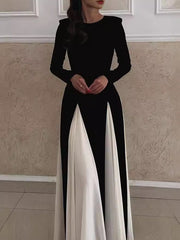 Contrast Color Elasticity Pleated Split-Joint A-Line Long Sleeves Round-Neck Maxi Dresses Evening Dresses