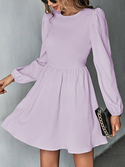 Backless Elasticity Hollow Pleated Solid Color Tied A-Line Bishop Sleeve Round-Neck Mini Dresses