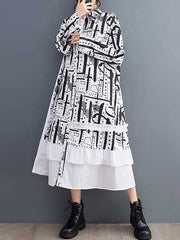 Asymmetric Buttoned Printed Split-Joint A-Line Long Sleeves Lapel Midi Dresses