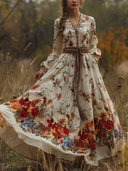 Vintage Floral Long Sleeves Ruffled Maxi Dresses