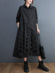 Asymmetric Hollow Polka-Dot Solid Color A-Line Long Sleeves Lapel Midi Dresses