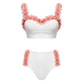 Underwired 3D Flower Applique White Bikini Swimsuit Flaxmaker