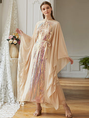 Loose A-Line Lace-Up Embroidered Solid Dress