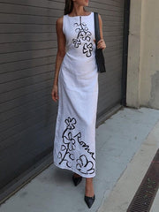 Flower Print Tied Waist Loose Sleeveless Round-neck Maxi Dresses