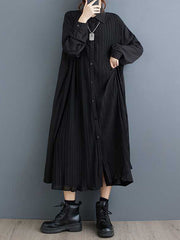 Buttoned Pleated Pockets Split-Joint A-Line Long Sleeves Lapel Shirt Dress Midi Dresses