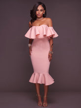Off Shoulder Ruffle Bodycon Midi Dress
