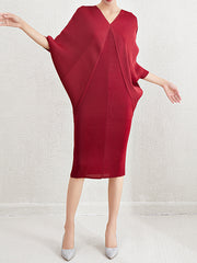 Pleated Solid Color Batwing Sleeves Loose V-Neck Midi Dresses