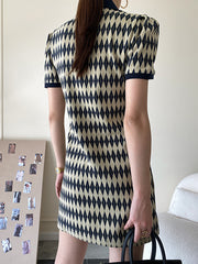 Original Plaid Knitting Lapel Collar Short Sleeves Mini Dress