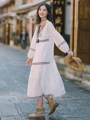 Vacation A-Line Loose Embroidered Solid Dress