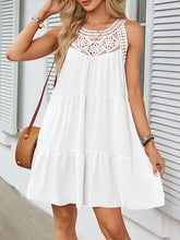 Hollow Pleated Solid Color Split-Joint A-Line Loose Round-Neck Mini Dresses