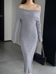 Solid Color Bodycon Long Sleeves Off-The-Shoulder Midi Dresses