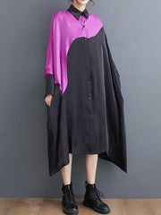 Asymmetric Buttoned Contrast Color Split-Joint Batwing Sleeves Loose Lapel Midi Dresses
