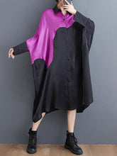 Asymmetric Buttoned Contrast Color Split-Joint Batwing Sleeves Loose Lapel Midi Dresses