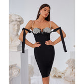 Off Shoulder Rhinestone Lace Up Dress