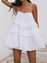 Backless Layered Pleated Solid Color Tied High Waisted Loose Spaghetti-Neck Mini Dresses