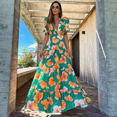 V Neck Cutout Printed Maxi Dress