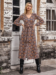 Vacation Long Sleeves Wrap Lace-Up V-Neck Midi Dress