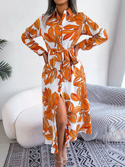 Printed Split-Joint Tied Waist Long Sleeves Loose Lapel Shirt Dress