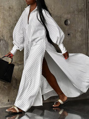Buttoned Split-side Striped Long Sleeves Loose Lapel Shirt Dress Maxi Dresses