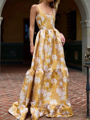 Flower Printed Ruffled Sleevless Bandage Maxi Dresses