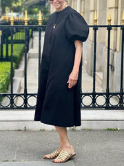 A-Line Loose Pleated Pockets Solid Color Round-Neck Midi Dresses