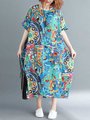 Stylish Asymmetric Printed Round-Neck Loose Batwing Sleeve Midi Dress