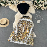 Retro Printed Pleated Slim Top and Skirt Set