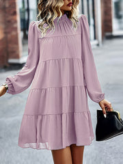 Elasticity Pleated Solid Color Split-Joint Tied A-Line Bishop Sleeve Mock Neck Mini Dresses