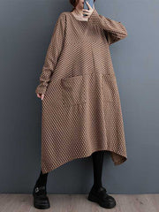 Pockets Printed Split-Joint Split-Side Long Sleeves Loose Round-Neck Midi Dresses