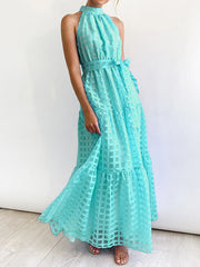 Plaid Ribbed Loose Sleeveless Stand Collar Maxi Dresses