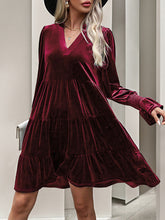 Pleated Solid Color Velvet A-Line Long Sleeves V-Neck Mini Dresses