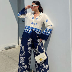 Ethnic Color Block Blue Shirt and Pants Set