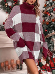 Contrast Color Plaid Long Sleeves Loose High Neck Sweater Dresses Mini Dresses