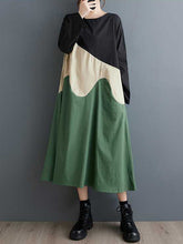 Contrast Color A-Line Long Sleeves Round-Neck Midi Dresses