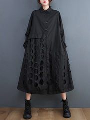 Asymmetric Hollow Polka-Dot Solid Color A-Line Long Sleeves Lapel Midi Dresses