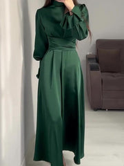 Pleated Solid Color Tied Waist Zipper A-Line Long Sleeves Mock Neck Maxi Dresses