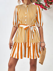 Buttoned Striped Half Sleeves Loose Stand Collar Mini Dresses
