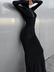 Solid Color Split-Joint Bodycon Long Sleeves High Neck Maxi Dresses