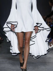 Flared Sleeves Long Sleeves Solid Color Stand Collar Mini Dresses