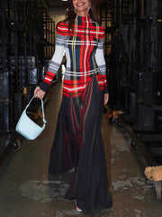 Long Sleeves Contrast Color Pleated Mock Neck Maxi Dresses