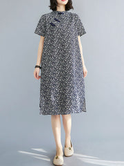 Artistic Retro Floral Printed Stand Collar Short Sleeves Cheongsam Midi Dress