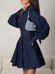 Buttoned Pleated Split-Joint Tied Waist A-Line Long Sleeves Mock Neck Mini Dresses