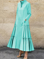 A-Line Long Sleeves Buttoned Layered Pleated Pockets Ruffled Solid Color Split-Joint Stand Collar Maxi Dresses