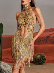 Sequin Fringe Metallic Dress In Gold