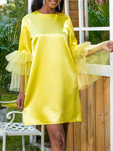 Shiny Solid Color Split-Joint Tulle Half Sleeves Loose Round-Neck Mini Dresses